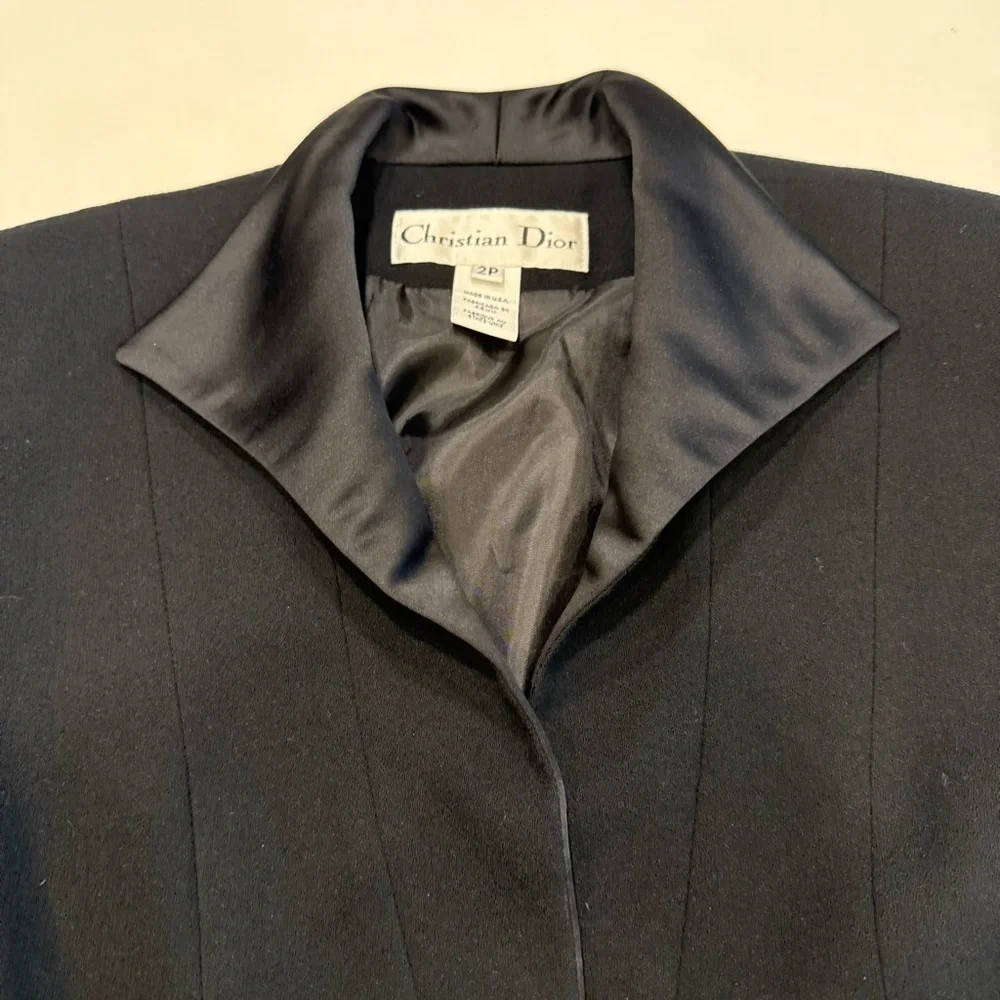 Christian Dior Women’s Black Wool Blazer With Satin Cuffs & Collar Sz 2P